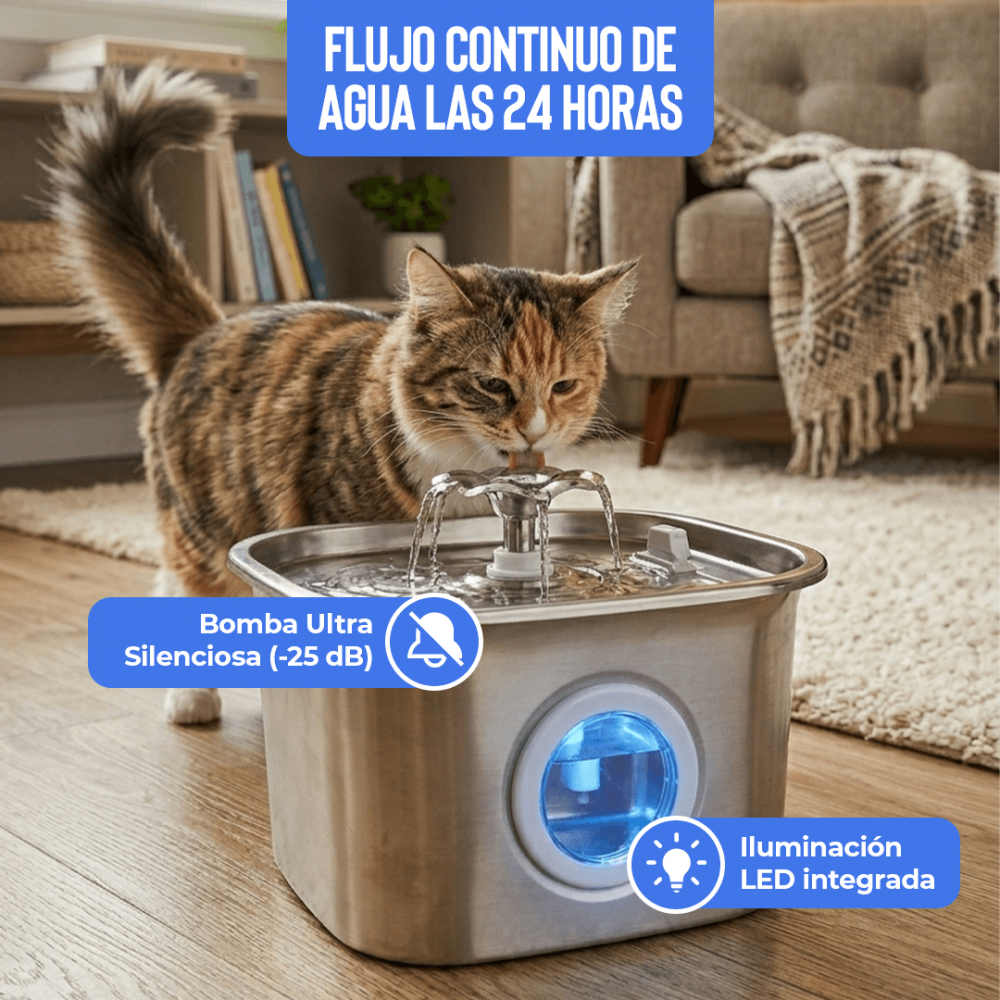 Fuente de Agua 2,6 L de Acero Inoxidable 304 con Luz LED