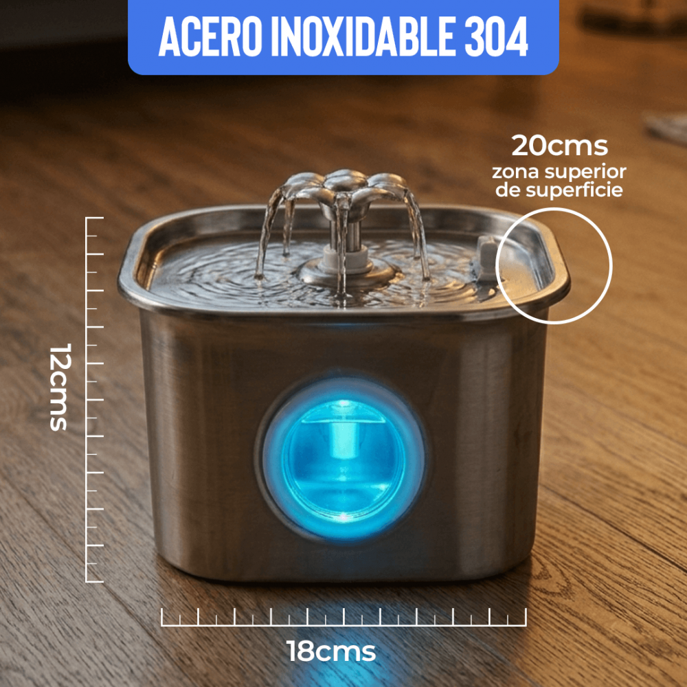 Fuente de Agua 2,6 L de Acero Inoxidable 304 con Luz LED